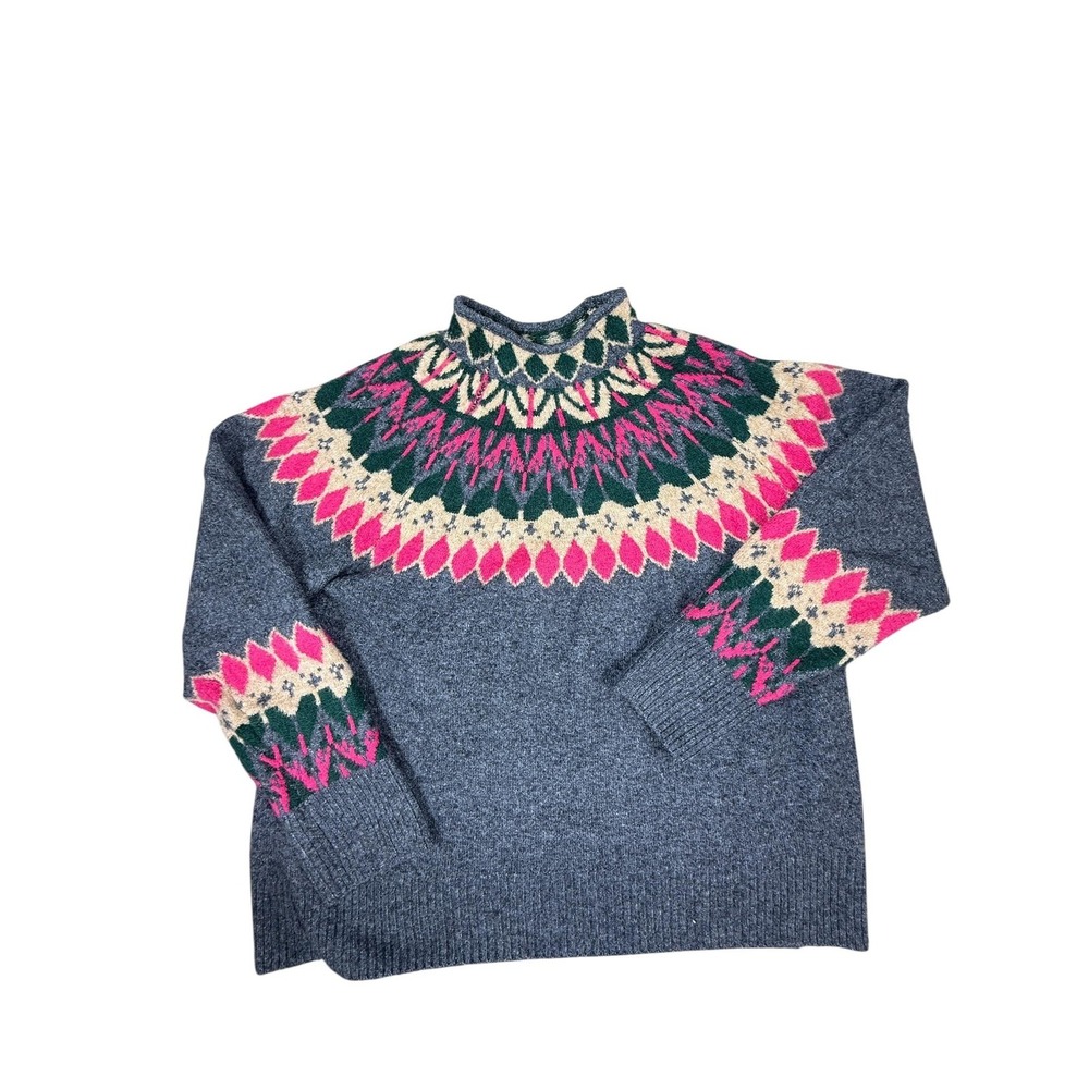 CeCe Fair Isle Nordic Sweater‎ Womens Large Gray Mock Neck Knit Top Alpine